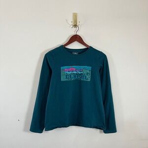 L.L. Bean Logo Long Sleeve Shirt Dark Green Cotton Mountains Womens Sm Gorpcore